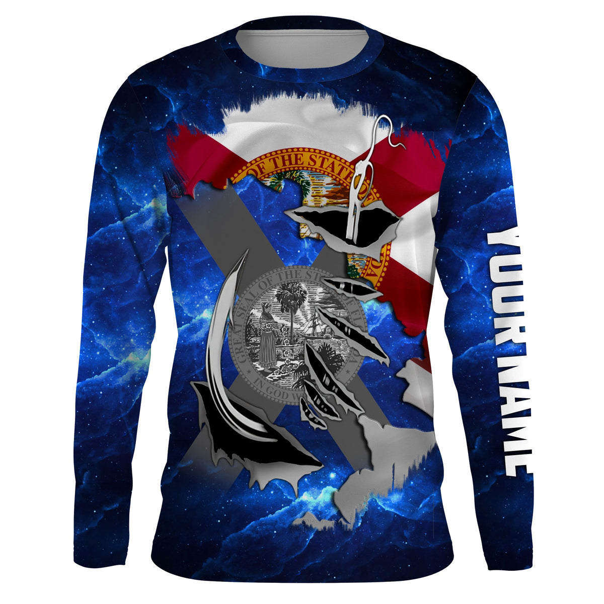 Florida FL Fishing Fish Hook Flag blue Universe patriotic Custom name Long sleeve, Long Sleeve Hooded NPQ854
