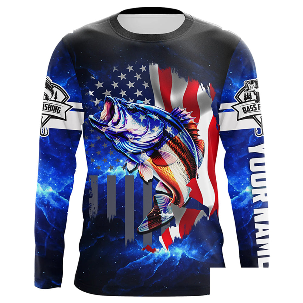 Bass Fishing 3D American patriotic fishing UV protection Custom name long sleeves UPF 30+ fishing shirt for men NPQ7