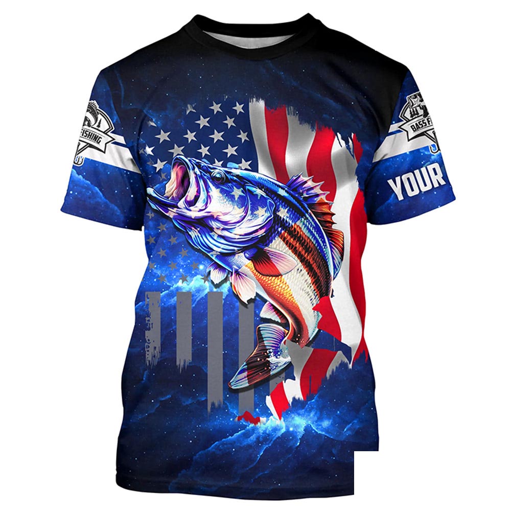 Bass Fishing 3D American blue galaxy patriotic fishing Customize Name fishing T-shirt NPQ7