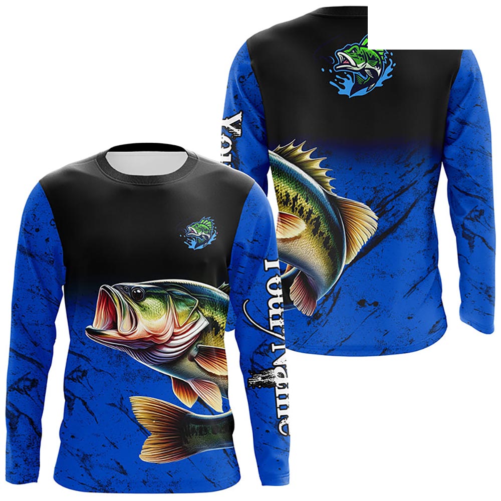 Custom blue Largemouth Bass Fishing Jerseys, personalized bass fishing tournament Long sleeve shirt NQS5070