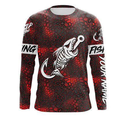 Custom Red Camo Long sleeve fishing shirt Fish hook skull sun protection fishing jerseys | Long sleeve NQS5083