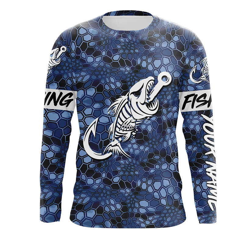 Custom Blue Camo Long sleeve fishing shirt Fish hook skull sun protection fishing jerseys| Long sleeve NQS5084