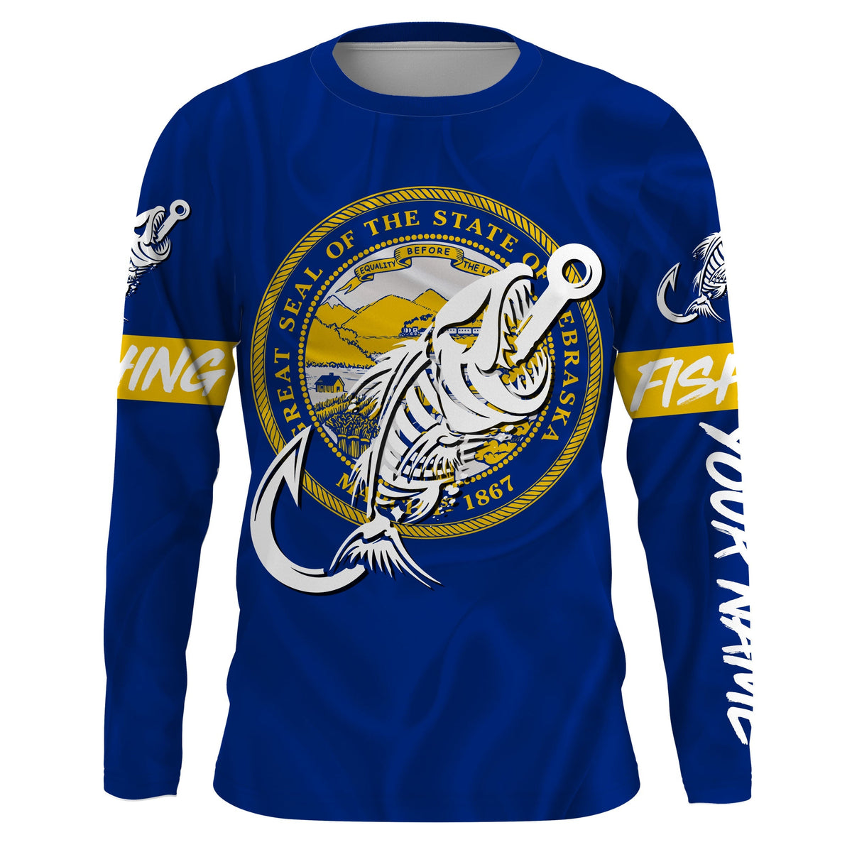 NE Nebraska Fishing Flag Fish hook skull Custom name jerseys | Long sleeve, Long Sleeve Hooded NPQ733