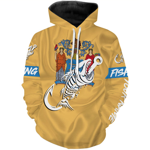 NJ New Jersey Fishing Flag Fish hook skull Custom name performance fishing jerseys | Hoodie - NPQ736