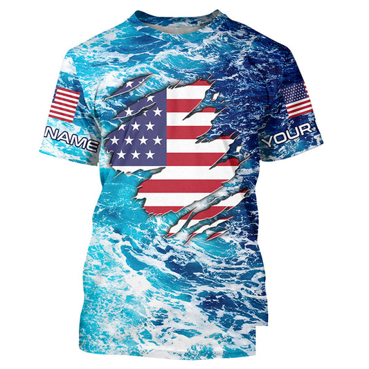 Blue sea wave ocean camo American flag patriot shirt Custom sun protection Fishing T-shirt NQS5429