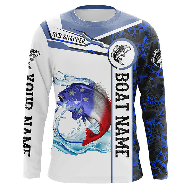 Red snapper Fishing blue camo American Flag Custom name and boat name Long Sleeve  Fishing Shirts NQS5192