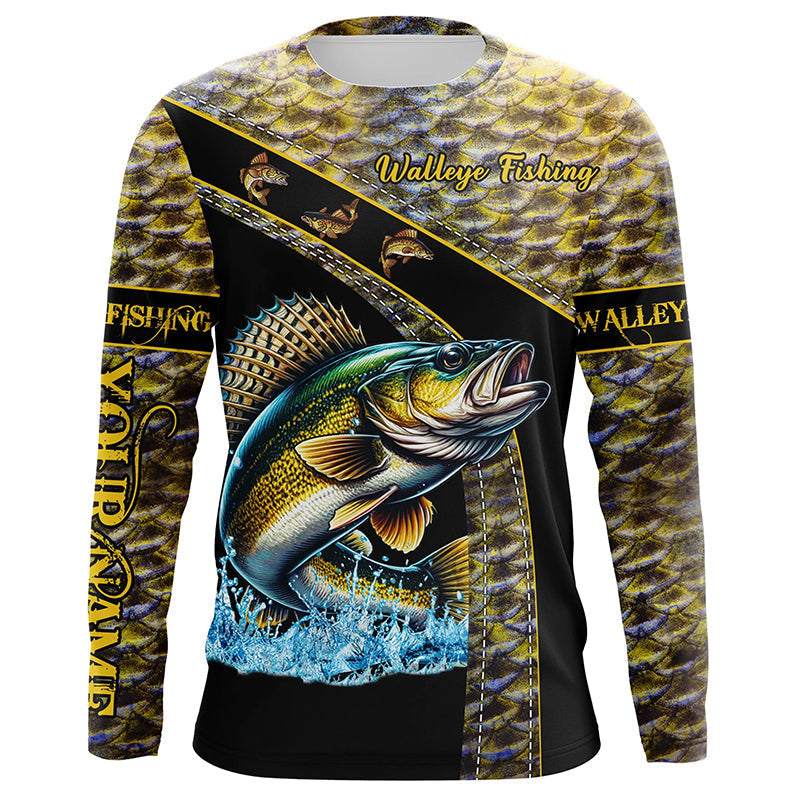 Walleye fishing yellow Walleye scales Custom name Walleye fishing Long sleeve, Long Sleeve Hooded NQS4890