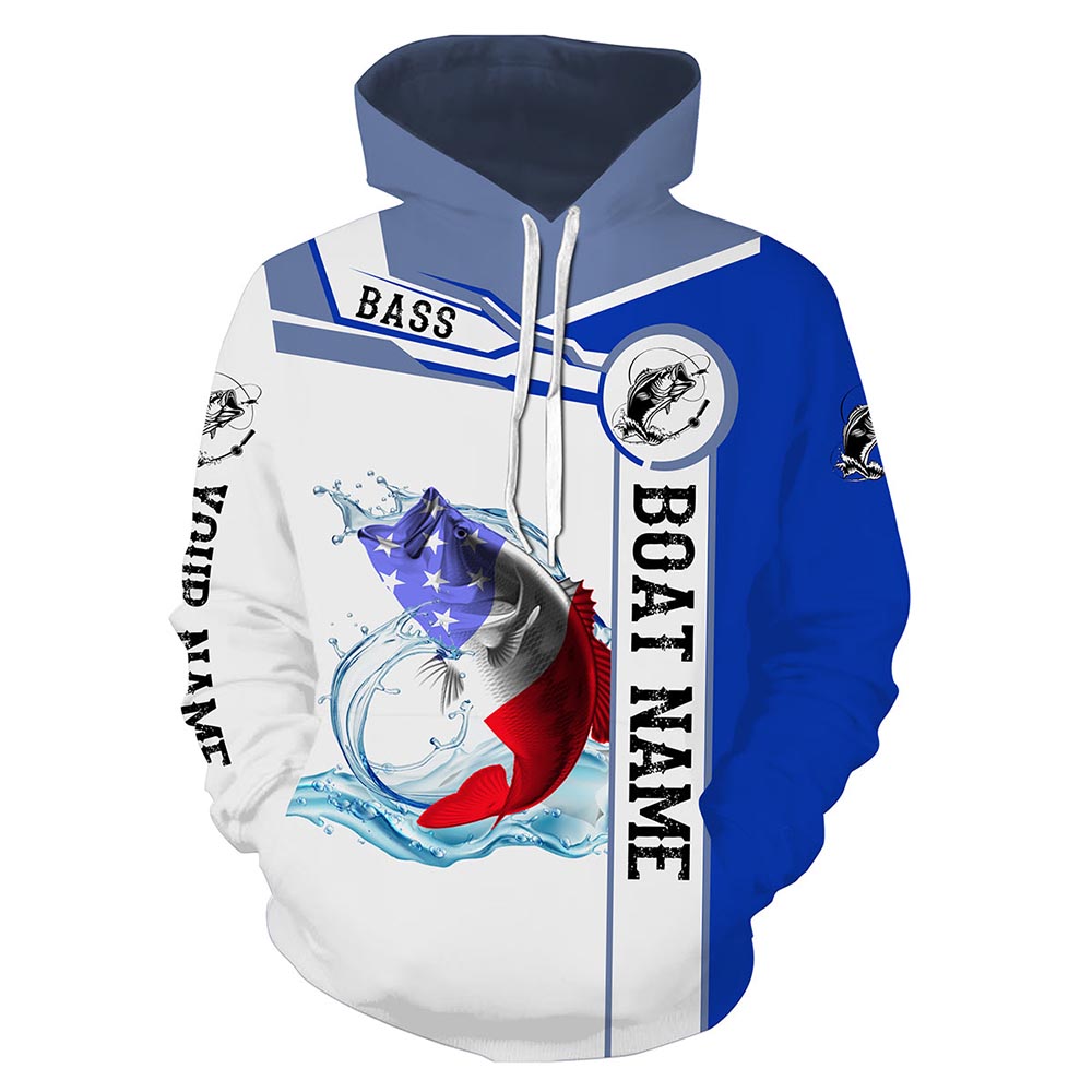 Largemouth Bass Fishing American Flag Custom name and boat name fishing hoodie, personalized fishing gift NPQ339