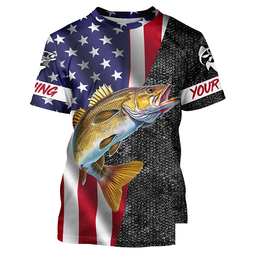 Personalized Walleye Fishing Jerseys, Custom American flag Walleye fishing shirts | T-shirt NQS4925