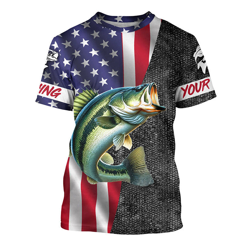 Personalized Bass Fishing Jerseys, Custom American flag Largemouth Bass fishing shirts | T-shirt NQS4926