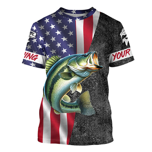 Personalized Bass Fishing Jerseys, Custom American flag Largemouth Bass fishing shirts | T-shirt NQS4926