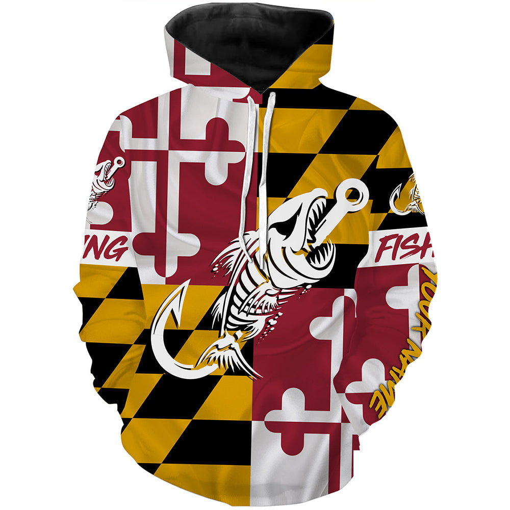 MD Fishing Custom Maryland Flag Fish hook skull custom fishing tournament shirts | Hoodie - NPQ706
