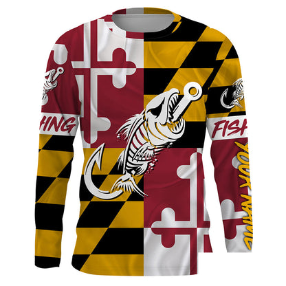 MD Fishing Custom Maryland Flag Fish hook skull custom fishing Long sleeve, Long Sleeve Hooded NPQ706
