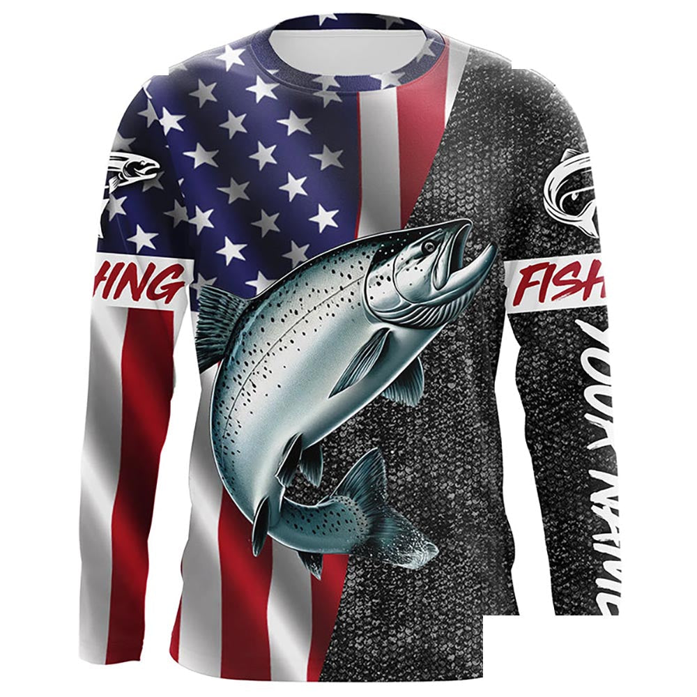 American Flag Salmon Fishing Custom long sleeve performance Fishing Shirts, Salmon Fishing jerseys NQS7883