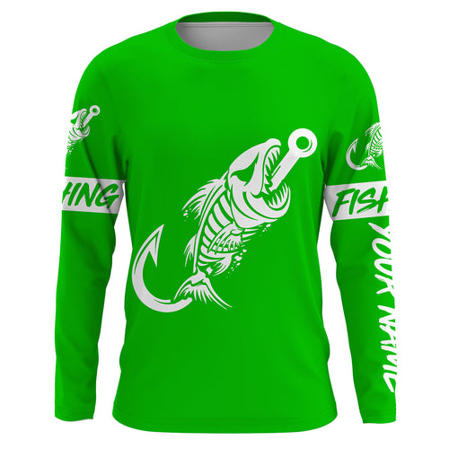 Green Fish hook skull fish reaper skeleton Custom fishing Long sleeve, Long Sleeve Hooded NPQ780