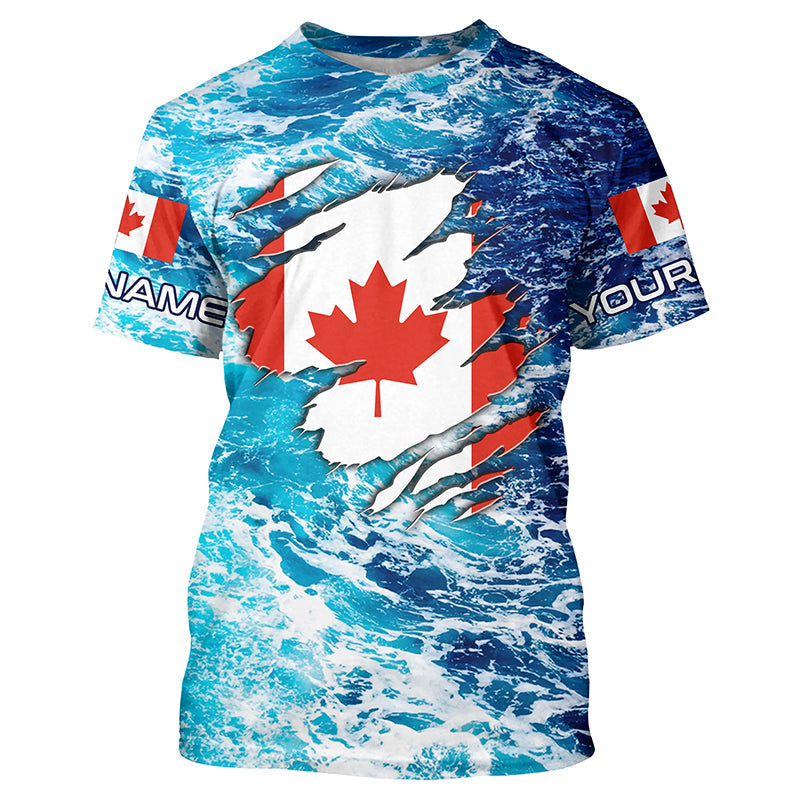 Blue sea wave ocean camo Canadian flag patriot shirt Custom sun protection fishing T-shirt NQS5580