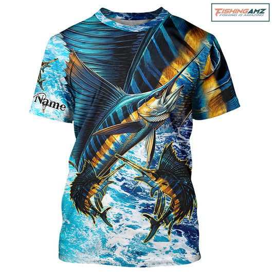 Personalized Sailfish fishing scales blue sea water camo Fishing T-Shirts, fishing gifts NQS7097