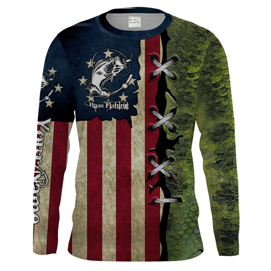 Bass Fishing American Flag patriotic Customize Name long sleeves fishing shirt for men NPQ89