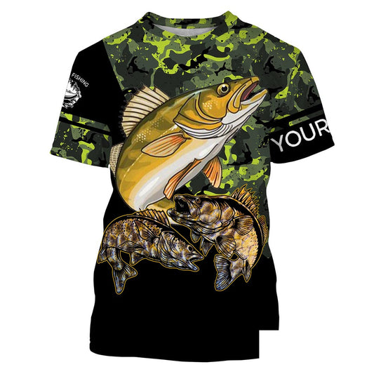 Walleye fishing black green camo Custom name fishing shirts jerseys | Tshirt - NPQ945