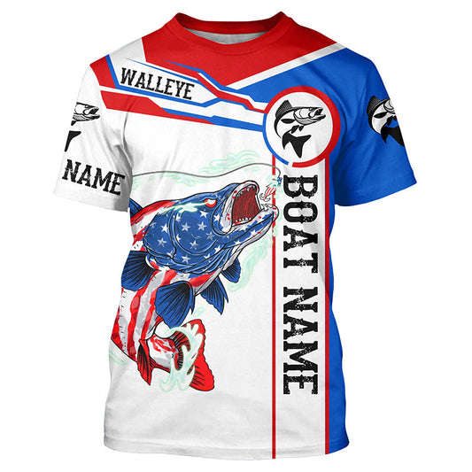 Angry Walleye American flag patriotic fishing Custom name and boat name fishing T-shirts NQS5603
