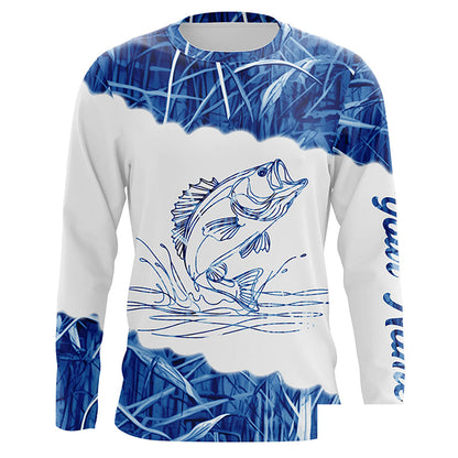 Blue camo Largemouth bass Customize Name UV protection long sleeves fishing shirt NPQ98