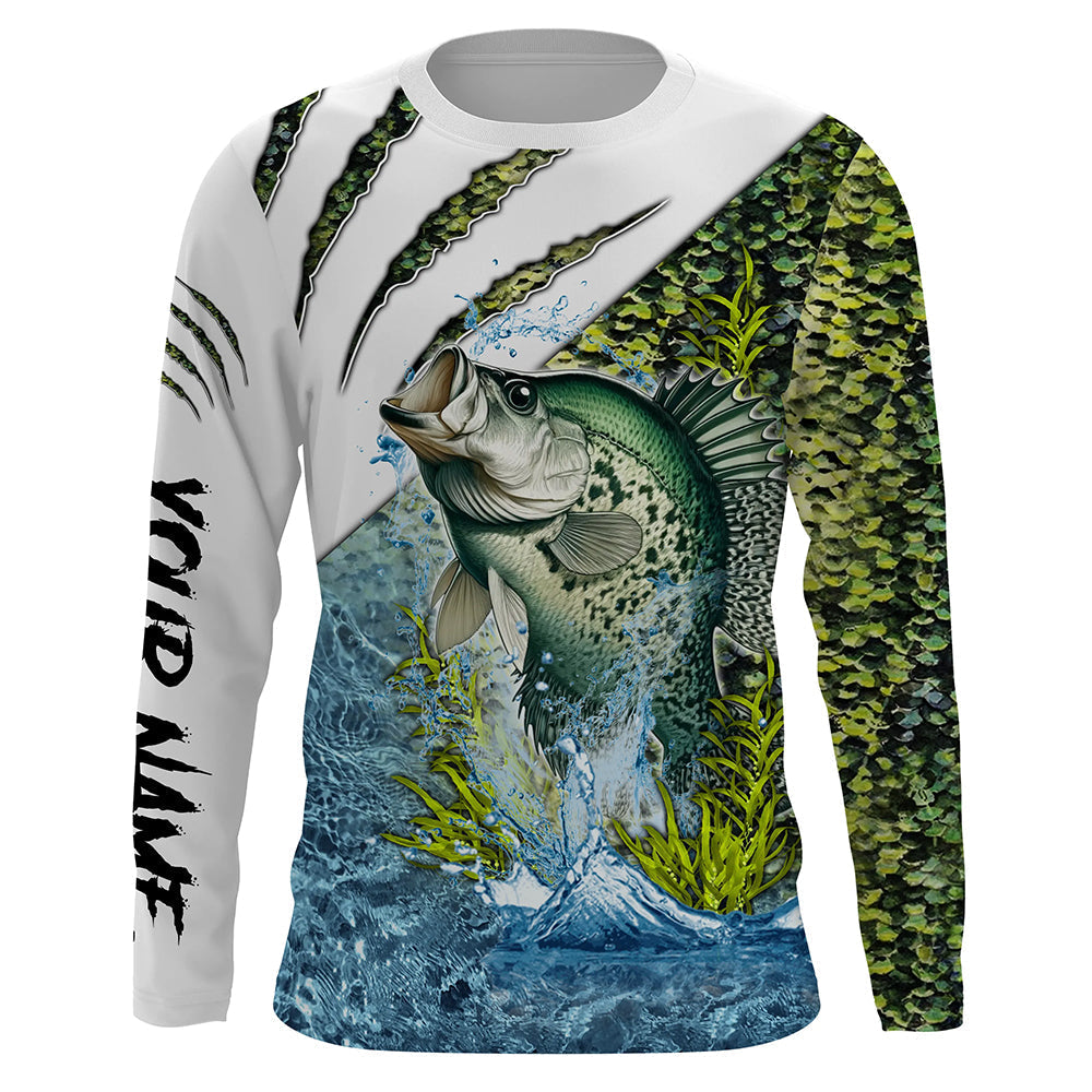 Crappie fishing green scales freshwater Custom Name Long sleeve, Long Sleeve Hooded Fishing Shirt - NPQ643