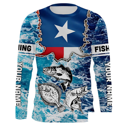 Texas Flag Redfish, trout, flounder blue wave camo custom name performance long sleeve fishing shirts NQS5440