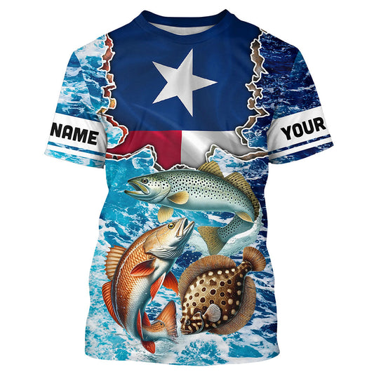 Texas Flag Redfish, trout, flounder inshore blue camo custom performance Fishing T-shirt NQS5464