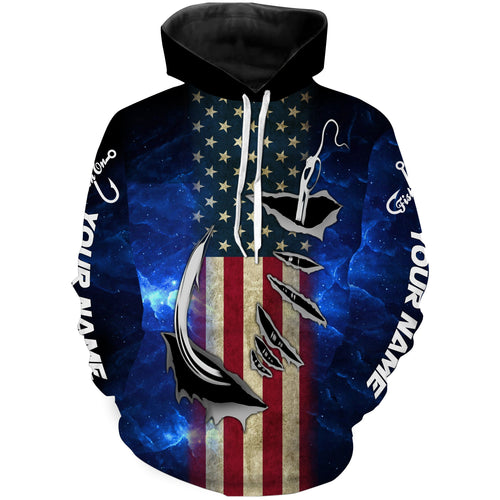 American flag fish hook blue galaxy fishing Custom fishing tournament shirts | Hoodie - NPQ589