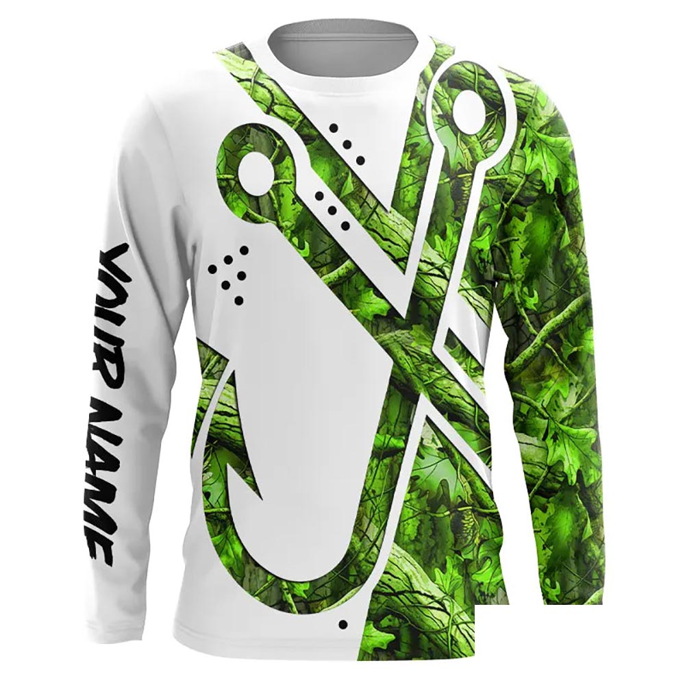Green Camo Fish Hook Customize Name UV protection long sleeves fishing shirt for men, women NPQ129