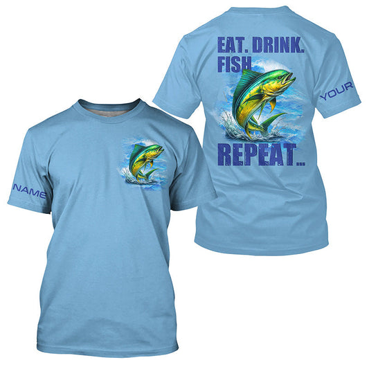 Mahi mahi (Dorado) Fishing Custom Performance Fishing T-shirts Eat Drink Fish Repeat | Blue NQS6610