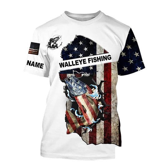 American flag Walleye fishing patriotic fishing Customize Name All-over Print Unisex fishing T-shirt NPQ405