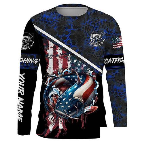 American Flag catfish fishing blue camo Custom name Long sleeve, Long Sleeve Hooded NPQ842