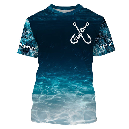 Fish on blue sea wave water camo Custom name fishing jerseys | Tshirt - NPQ848