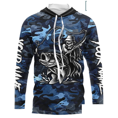 Reaper Fishing Largemouth Bass Long Sleeve Hooded Fishing Shirts Blue Camo, Camo Fishing Shirt NBT391