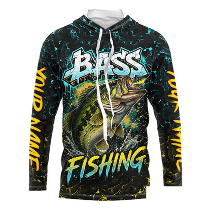 Personalized Neon Color Bass Long Sleeve Hooded Shirts, Largemouth Bass Fishing Jerseys For Men NBT668