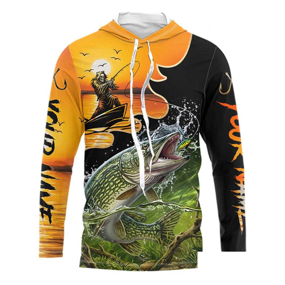 Personalized Fish Reaper Sunset Design Northern Pike Long Sleeve Hooded Shirts NBT675