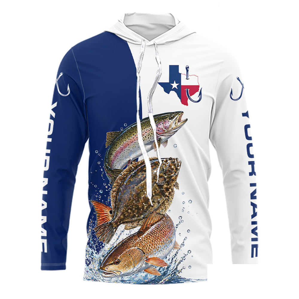 Blue Texas Slam Fishing Custom Performance Team Redfish, Trout, Flounder Long Sleeve Hooded Shirts NBT679