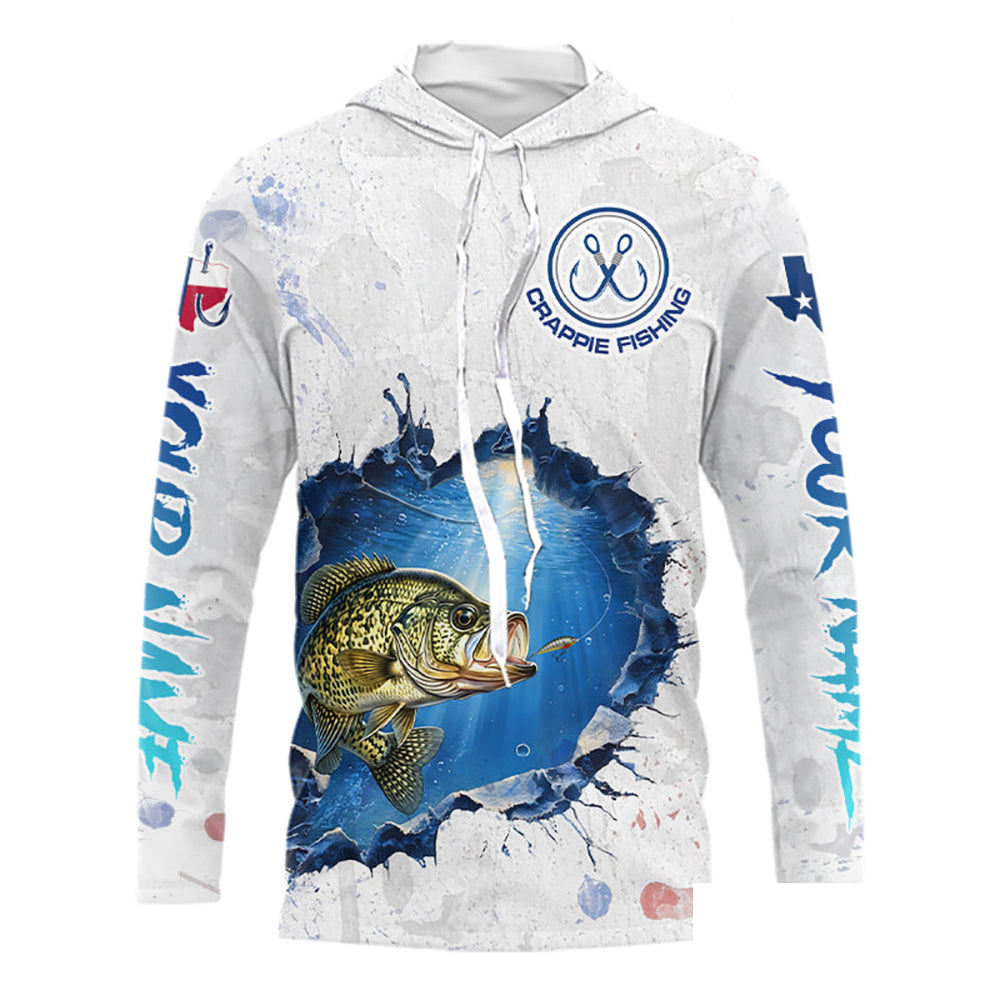 Custom Crappie Fishing Tournament Long Sleeve Hooded Shirts, Crappie Fishing Apparel | White NBT682