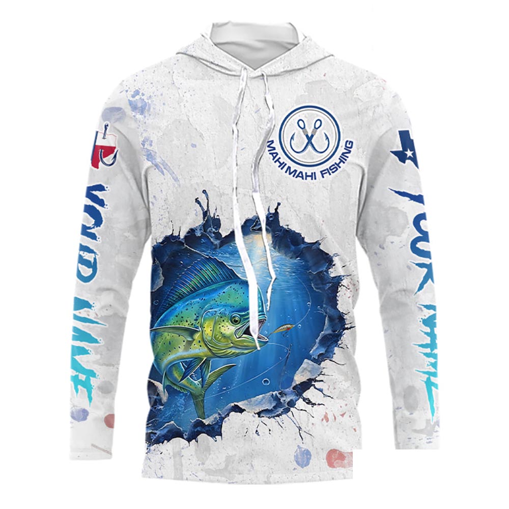Custom Mahi Mahi Fishing Tournament Long Sleeve Hooded Shirts, Mahi Mahi Saltwater Fishing Apparel | White NBT683