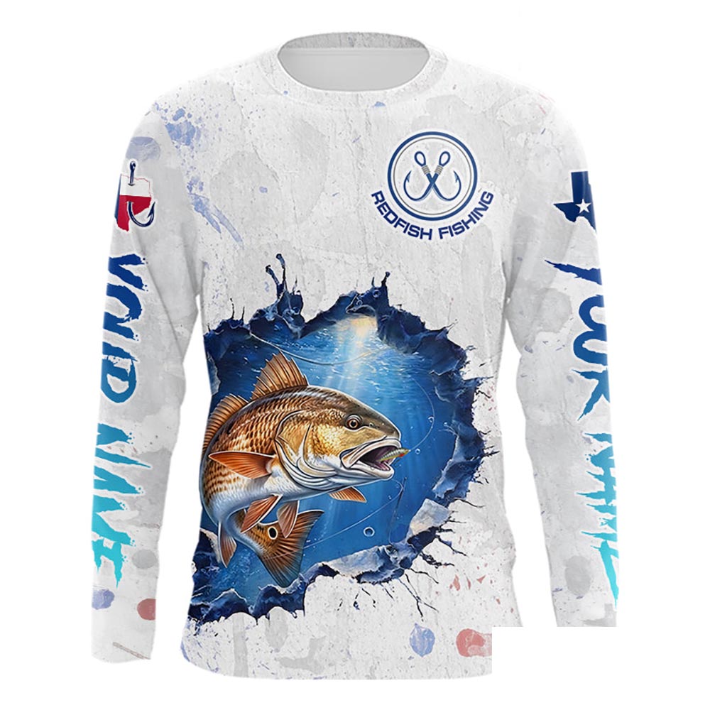 Custom Redfish Fishing Long Sleeve Tournament Shirts, Redfish Saltwater Fishing Apparel | White NBT684