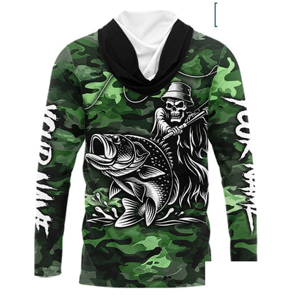 Reaper Fishing Largemouth Bass Long Sleeve Hooded Fishing Shirts Green Camo, Camo Fishing Shirt NBT392