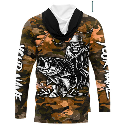Reaper Fishing Largemouth Bass Long Sleeve Hooded Fishing Shirts Orange Camo, Camo Fishing Shirt NBT393