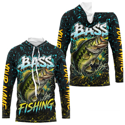 Personalized Neon Color Bass Long Sleeve Hooded Shirts, Largemouth Bass Fishing Jerseys For Men NBT668