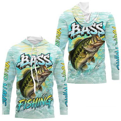 Personalized Bass Long Sleeve Hooded Shirts, Largemouth Bass Fishing Jerseys For Men NBT669