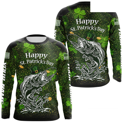Custom St Patrick's Day American Flag Bass Long Sleeve Fishing Shirts, Patriotric Bass Fishing Jerseys NBT381
