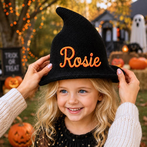 Personalized Kids Witch Hat, Custom Embroidered Black Cotton Halloween Hat, Wizard Costume Hat for Kids