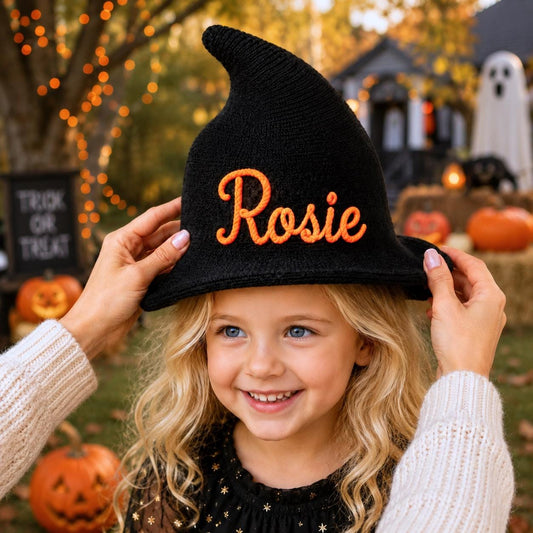 Personalized Kids Witch Hat, Custom Embroidered Black Cotton Halloween Hat, Wizard Costume Hat for Kids