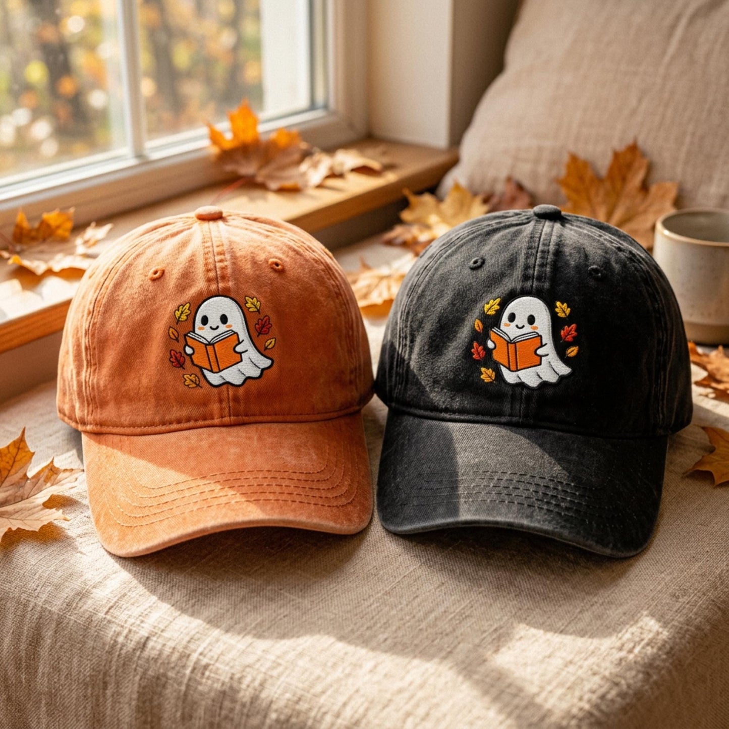 Ghost Reading Book Embroidered Washed Cotton Dad Cap, Spooky Literary Baseball Hat