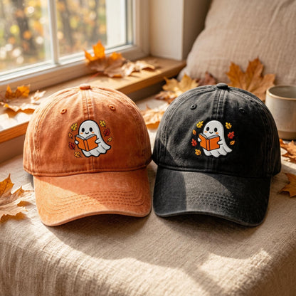 Ghost Reading Book Embroidered Washed Cotton Dad Cap, Spooky Literary Baseball Hat
